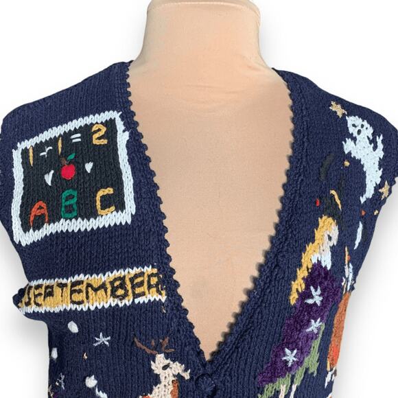 Vintage 90s Erika Hand Knit Navy Blue Holiday Sweater Vest Embroidered Festive - Picture 5 of 10